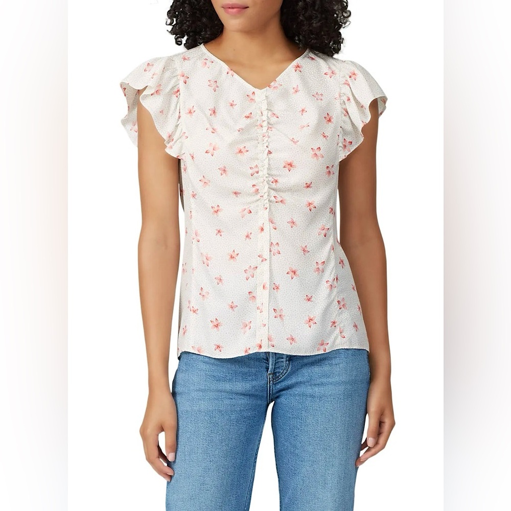 Rebecca Taylor Maui Fleur Silk Dot Ruched Flutter Sleeve Blouse Sz 8 Summer Date